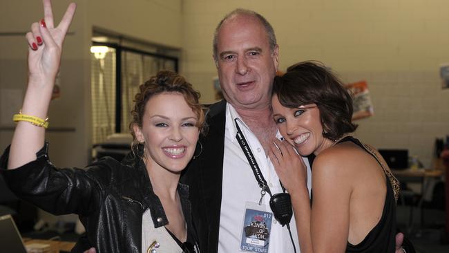 Michael Gudinski with Kylie and Dannii Minogue at Sound Relief 2009. Picture: Frontier