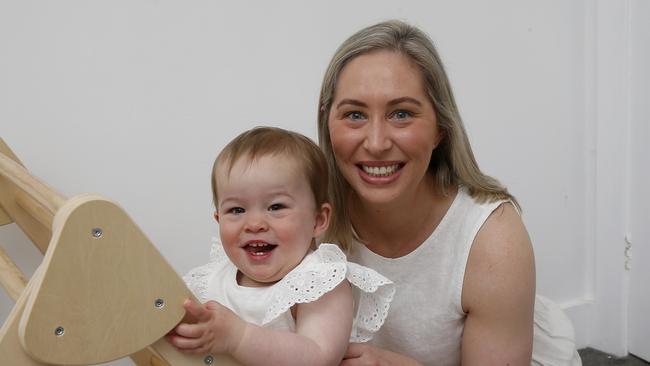 Mosman councillor Sarah Hughes with her 18-month-old daughter Madilyn who attends childcare four days a week. Picture: John Appleyard