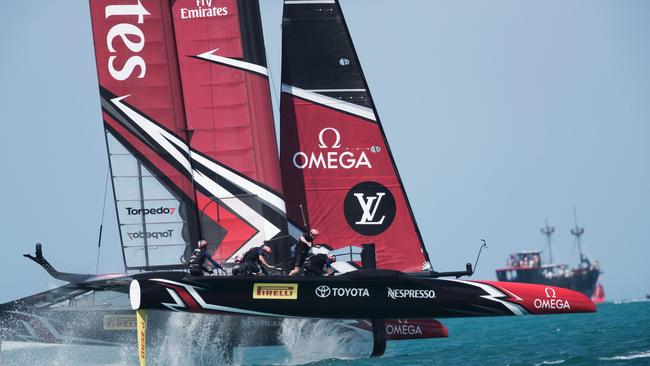 Emirates Team New Zealand skippered by Peter Burling races during the 35th America's Cup.
