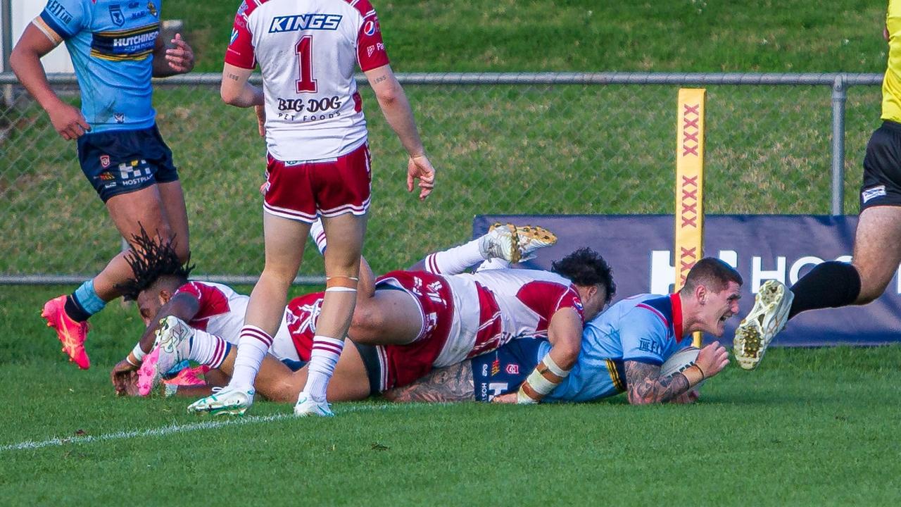 Corey Fenning scores a try for the Western Clydesdales during their win over the Redcliffe Dolphins. Picture: Benny Hassum Photography