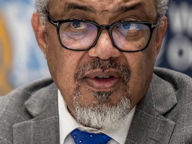 WHO Director-General Tedros Adhanom Ghebreyesus looks on during a press conference with the Association of Accredited Correspondents at the United Nations (ACANU) at the World Health Organization's headquarters in Geneva, on December 10, 2024. (Photo by Fabrice COFFRINI / AFP)