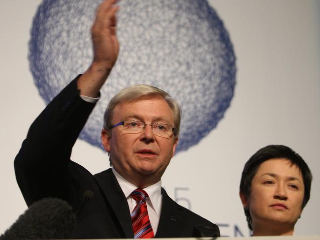 Australian Prime Minister Kevin Rudd and Climate Minister Penny Wong during a press conference at 1.30am in the Bella Centre on the final day of the 2009 United Nations Climate Change Conference in Copenhagen, Denmark.