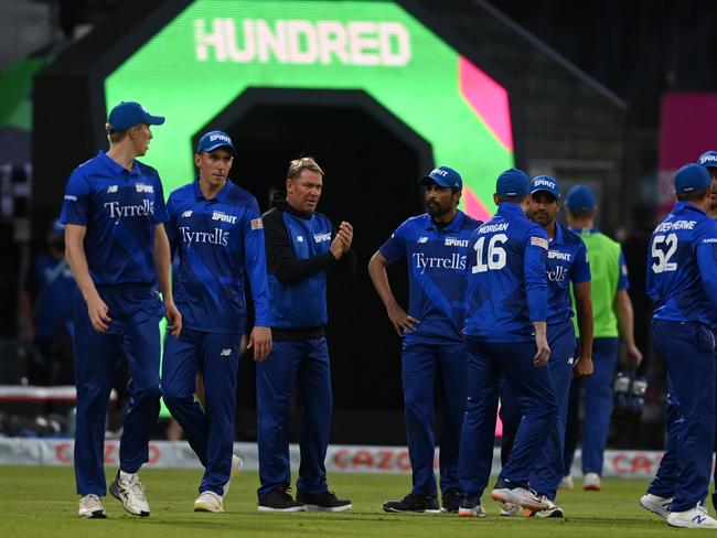 Warne with his team during a time out during The Hundred match against Birmingham Phoenix on July 23. Picture: Gareth Copley/Getty Images