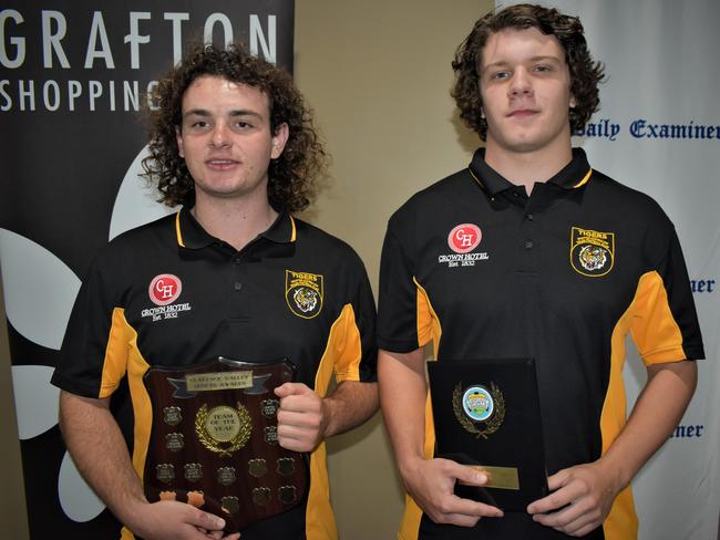 Kade Bagnall and Ronan Leslie accept the Telstra Grafton Team of the Year trophy on behalf of Grafton Tigers AFL Seniors at the 2020 Clarence Valley Sports Awards at Grafton District Services Club on Saturday, 14th November, 2020. Photo Bill North / The Daily Examiner