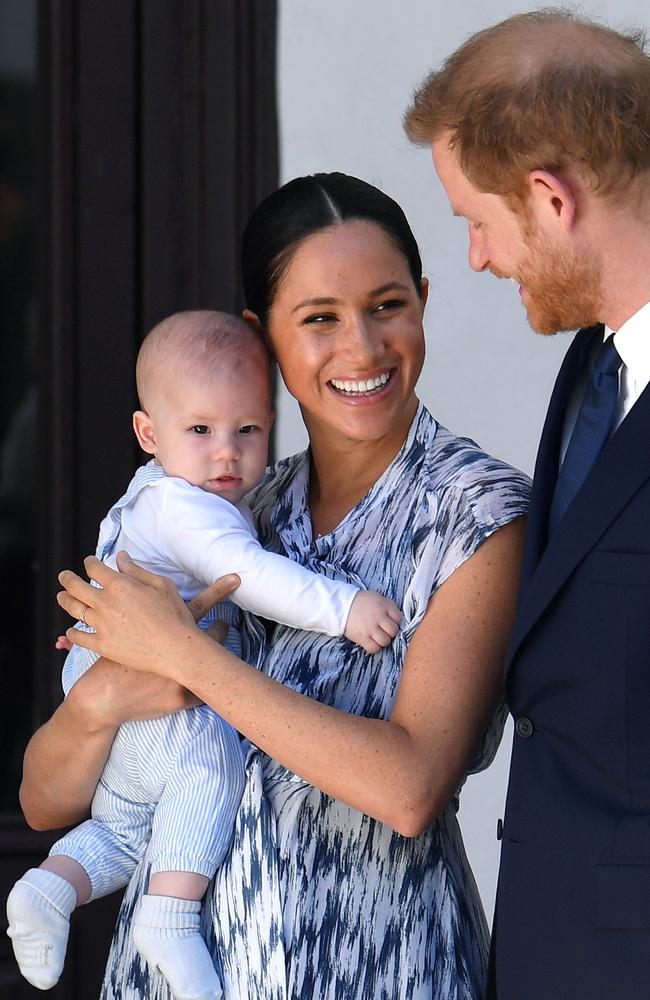 Prince Harry, Duke of Sussex, Meghan, Duchess of Sussex and their baby son Archie Mountbatten-Windsor meet Archbishop Desmond Tutu at the Desmond &amp; Leah Tutu Legacy Foundation during their royal tour of South Africa. Picture: Getty