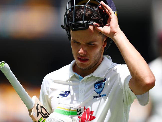 BRISBANE, AUSTRALIA - FEBRUARY 09:  Sam Konstas of New South Wales looks on during the Sheffield Shield match between Queensland and New South Wales at The Gabba, on February 09, 2025, in Brisbane, Australia. (Photo by Chris Hyde/Getty Images)