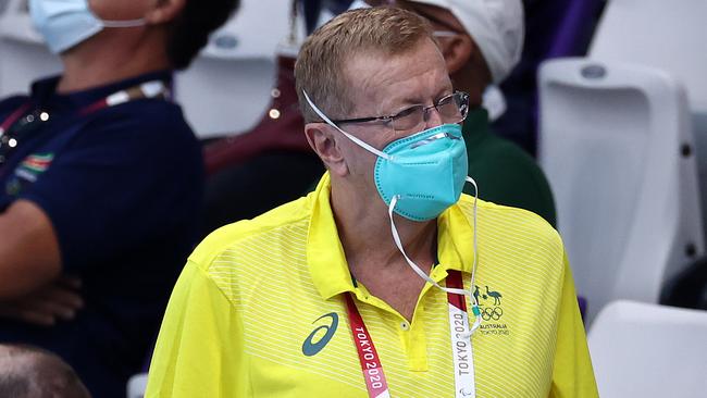 John Coates in the crowd at Tokyo Aquatics Centre, enjoying the fruits of his efforts