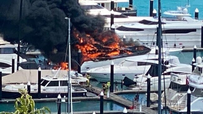 A yacht on fire at Hamilton Island. Photos: Facebook