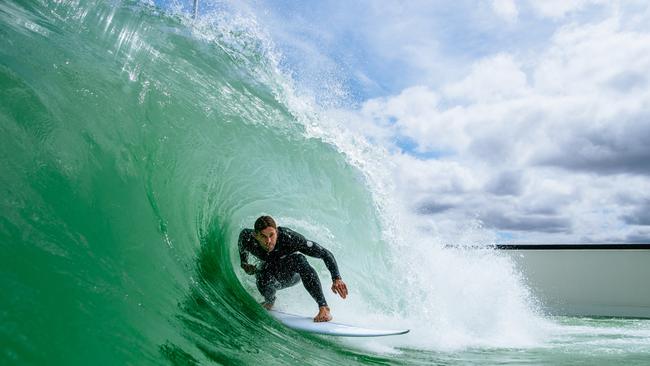 He is the latest celebrity to test out the man-made waves. Picture: Ed Sloane/UrbnSurf