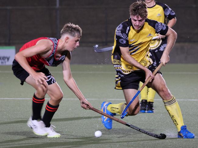 Nightcliff Tigers' Luke Broadway netted a hasty against Commerce in their TPL Men's Rd. 8 clash. Picture: Elle Richardson / NT Hockey.