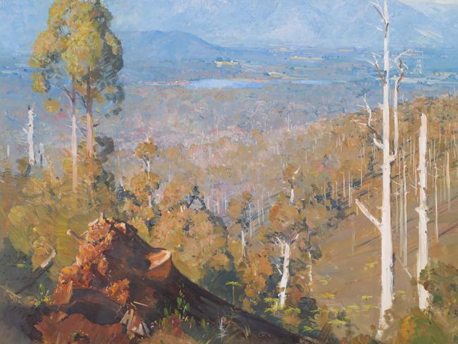 MUST RUN ENTIRE CAPTION  BELOW UNTIL  AFTER MARGERY PIERCE Arthur Streeton The vanishing forest 1934 On loan to the Art Gallery of Ballarat from the Estate of Margery Pierce  On loan to the Art Gallery of Ballarat from the Estate of Margery Pierce Arthur Streeton 'The vanishing forest' 1934 oil on canvas, 122.5 x 122.5 cm On loan to the Art Gallery of Ballarat from the Estate of Margery Pierce ***These image may only be used in conjunction with editorial coverage of the Streeton exhibition, opening 7 November 2020  Ã¢â‚¬â€œ 14 February 2021, at the Art Gallery of New South Wales. This image may not be cropped or overwritten. Prior approval in writing required for use as a cover. Caption details must accompany reproduction of the image. ***  Media contact: sarah.shields@ag.nsw.gov.au *** Local Caption *** ***These image may only be used in conjunction with editorial coverage of the Streeton exhibition, opening 7 November 2020  Ã¢â‚¬â€œ 14 February 2021, at the Art Gallery of New South Wales. This image may not be cropped or overwritten. Prior approval in writing required for use as a cover. Caption details must accompany reproduction of the image. ***  Media contact: sarah.shields@ag.nsw.gov.au