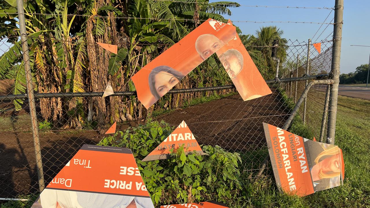 Damage to corflutes of CLP candidates has been reported to police and the Australian Electoral Commission. Picture: Supplied