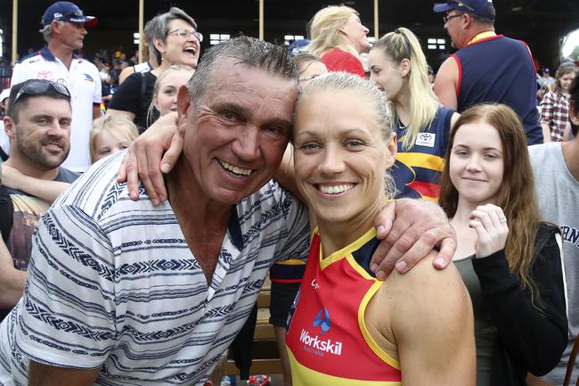 Port Magpies legend Greg Phillips and daughter Erin after a Adelaide Crows v GWS Giants game at Thebarton Oval. Picture: Sarah Reed