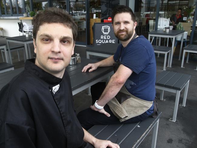 job start, picture of new employee Steven Webb (left) with his new boss Adrian Beckett from the Red Square cafe,