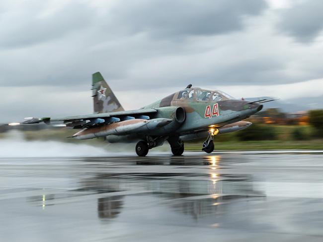 A Russian Su-25 ground attack jet takes off at Hemeimeem Air Base in Syria.  Picture: Russian Defense Ministry Press Service.