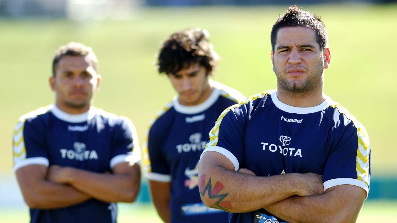 Carl Webb (Matt Bowen &amp; Johnathan Thurston in b/g) at North Queensland Cowboys training