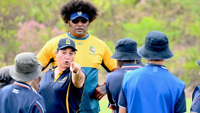 Rugby clinic at Mackillop Catholic College.Classic Wallabies  Radike Samo and Classic Wallaroo Shirley Russell with students