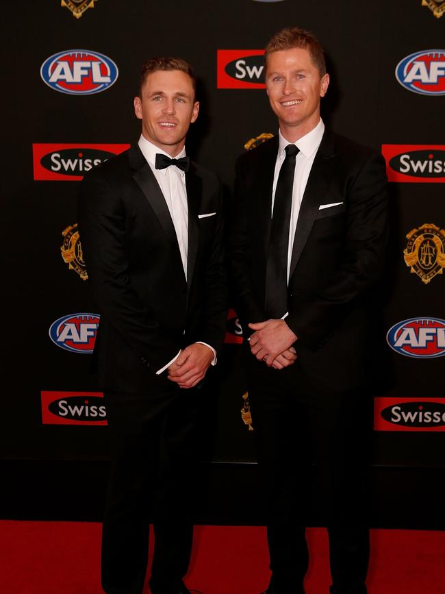 Joel Selwood of the Cats and his brother Troy Selwood are seen during the 2014 Brownlow Medal red carpet. Photo: Darrian Traynor/AFL Media.