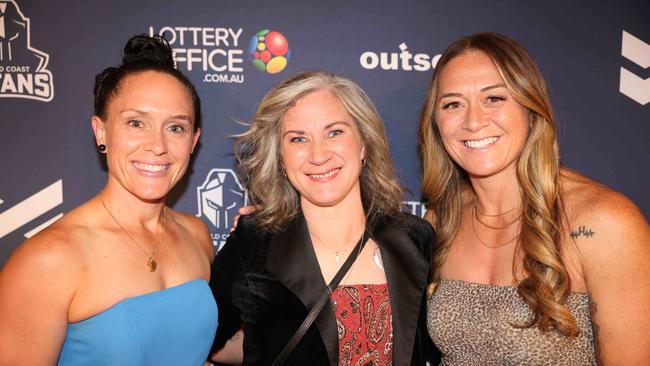Brittany Breayley-Nati, Kiri Gould and Niall Williams-Guthrie at the Gold Coast Titans NRLW 2025 Season Launch at Isoletto The Star Gold Coast. Picture, Portia Large.
