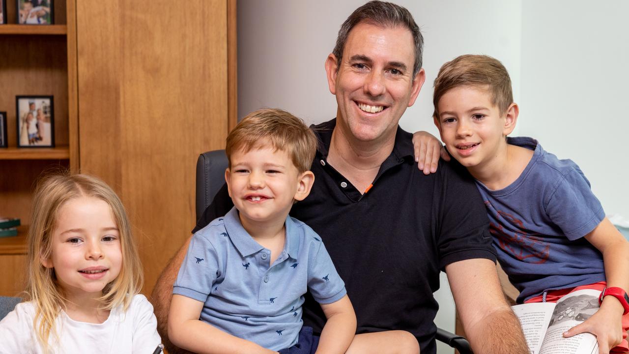 Federal Treasurer Jim Chalmers, pictured with his children Leo 7, Annabel 5 and Jack 3, promised a responsible, affordable and sustainable Budget. Picture: NewsWire / Sarah Marshall