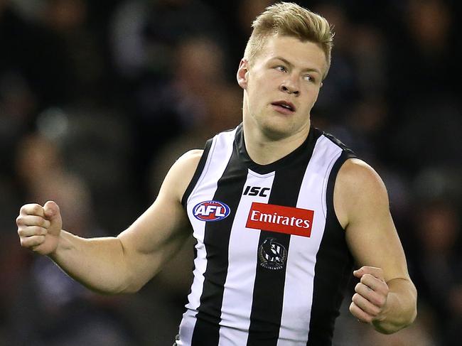 AFL Round 21. 11/08/2018.  Collingwood v Brisbane Lions at Etihad Stadium. Collingwood's Jordan De Goey celebrates his goal in the third quarter    .Pic: Michael Klein