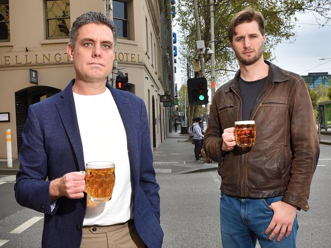 Paul Waterson and Paul Capovilla outside the Duke of Wellington hotel in Melbourne. Picture: Nicki Connolly