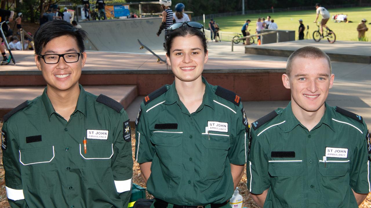 Hayes Choy, Daynah Nash and David King from St John Ambulance NSW pose for a photo at Berowra skate park at the skate, scooter and BMX battle royale. (AAP IMAGE / MONIQUE HARMER)