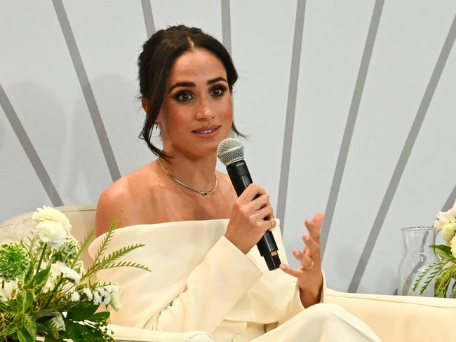 NEW YORK, NEW YORK - OCTOBER 10: (L-R) Meghan, Duchess of Sussex and Prince Harry, Duke and Duchess of Sussex, speak onstage at The Archewell Foundation ParentsÃ¢â¬â¢ Summit: Mental Wellness in the Digital Age during Project Healthy Minds' World Mental Health Day Festival 2023 at Hudson Yards on October 10, 2023 in New York City. (Photo by Bryan Bedder/Getty Images for Project Healthy Minds)