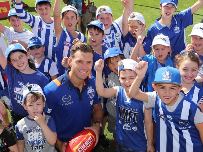 Shaun Higgins with fans at the Kangaroos’ family day. Picture: David Crosling