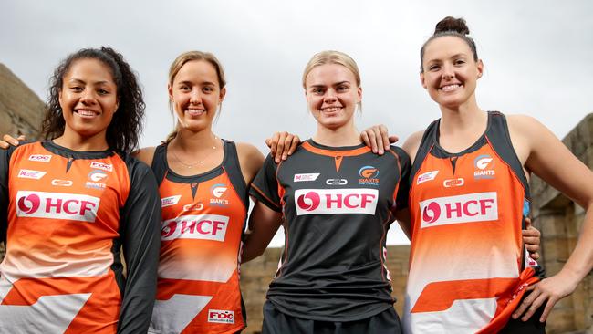 Giants Netball defenders Kristiana Manu'a, Teigan O’Shannassy, Matilda McDonell and Sam Poolman at the start of the season