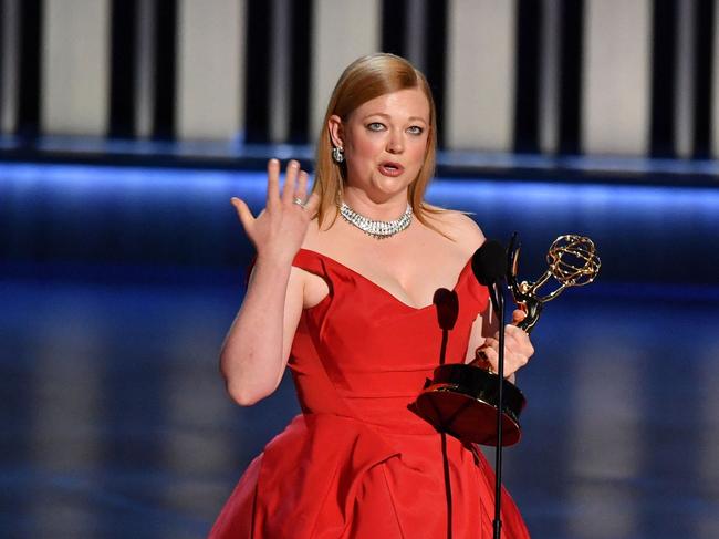 Australian actress Sarah Snook accepts the award for Outstanding Lead Actress In A Drama Series for "Succession" onstage to during the 75th Emmy Awards at the Peacock Theatre at L.A. Live in Los Angeles on January 15, 2024. (Photo by Valerie Macon / AFP)