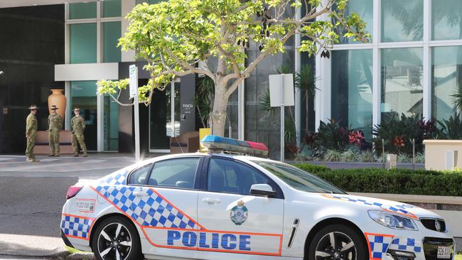 The Army rolled into Surfers Paradise to stand guard outside the Voco Hotel, where passengers from overseas are in quarantine. Picture Glenn Hampson.