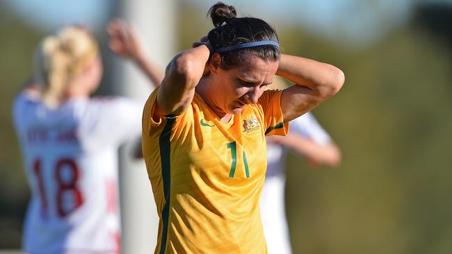 Lisa De Vanna reacts after the game against Denmark.