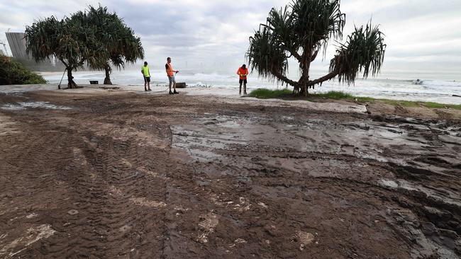 A succession of surf events, most recently the World Surf League, have destroyed picnic hub Burleigh Hill, leaving the Gold Coast's beauty spot a stinking mud pit. Pic Annette Dew