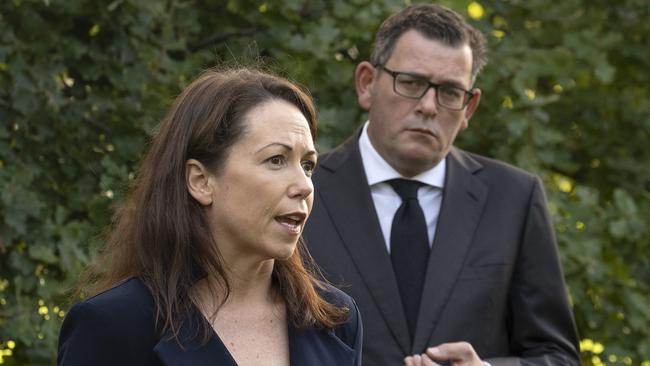 Emergency Services Minister Jaclyn Symes and Premier Daniel Andrews during a press conference in Melbourne. Picture: Luis Enrique Ascui