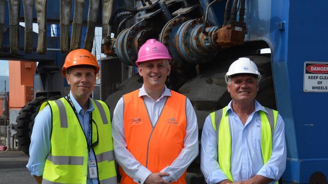 Norship chief executive Olav Groot, Mike Steen, head of in service support for Austal, and Tropical Reef Shipyard general manager Rob Downing. Picture: Bronwyn Farr.