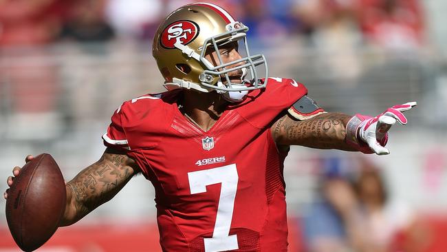 SANTA CLARA, CA - OCTOBER 05: Quarterback Colin Kaepernick #7 fo the San Francisco 49ers drops back to pass against the Kansas City Chiefs during the third quarter at Levi's Stadium on October 5, 2014 in Santa Clara, California. The 49ers won the game 22-17. Thearon W. Henderson/Getty Images/AFP == FOR NEWSPAPERS, INTERNET, TELCOS & TELEVISION USE ONLY ==