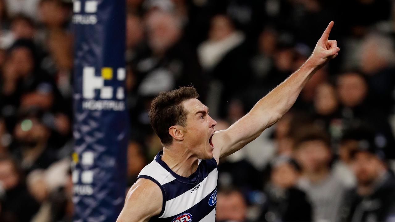 Jeremy Cameron kicked six goals and led the Cats’ charge. Picture: Getty Images