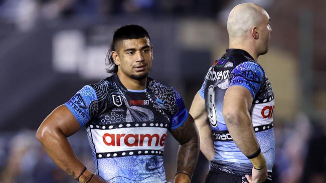 SYDNEY, AUSTRALIA - MAY 25: Sharks players react during the round 12 NRL match between Cronulla Sharks and Penrith Panthers at PointsBet Stadium, on May 25, 2024, in Sydney, Australia. (Photo by Brendon Thorne/Getty Images)