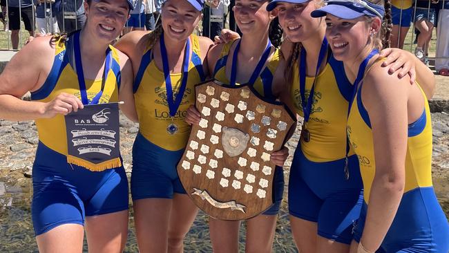 The winning Loreto College Division 1 open crew who won the Head of the Lake. Meg Lynch, Isabella Rossato, Eliza Dodd, Olive Lanyon, Mia McTigue. Picture: Shane Jones.