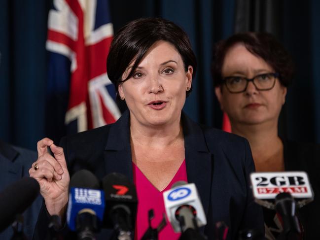 NSW Opposition Leader Jodi McKay speaks to the media alongside Deputy Leader of the Opposition in the Legislative Council Penny Sharpe (right) at New South Wales Parliament House in Sydney, Thursday, March 12, 2020. (AAP Image/James Gourley) NO ARCHIVING