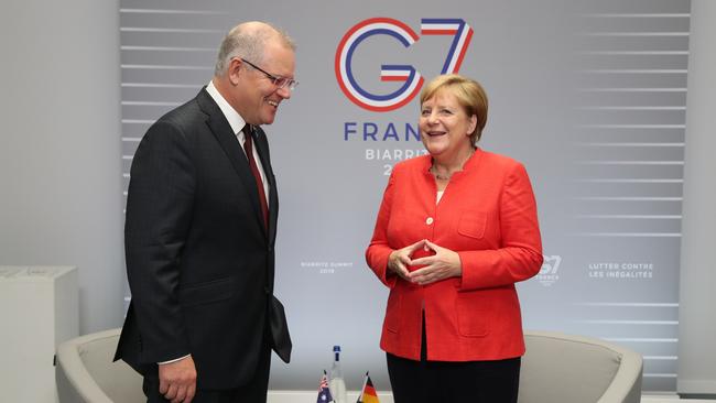 Australian Prime Minister Scott Morrison meets with Chancellor Angela Merkel of Germany for a bilateral meeting at the G7 Summit in Barriatz, France on Sunday. Picture: Adam Taylor/Prime Minister's Office