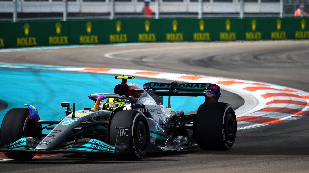 Mercedes' British driver Lewis Hamilton races during the Miami Formula One Grand Prix