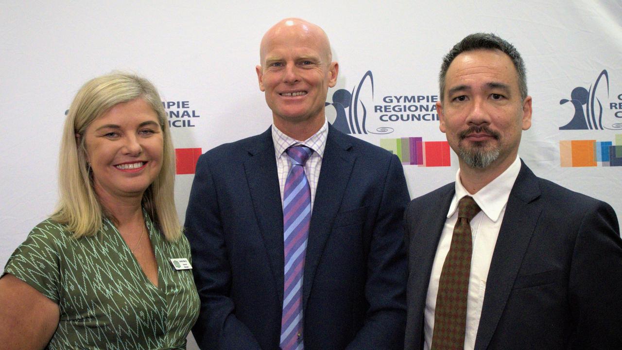 Rattler general manager Linda Barry, Gympie Mayor Glen Hartwig and council CEO Robert Jennings at the press conference regarding the Civic Centre and the Rattler on Wednesday, March 29, 2023. Picture: Christine Schindler