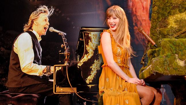 Paul McCartney (left) performing in Adelaide, 2023; and Taylor Swift performing in Cincinnati, Ohio in 2023. Pictures: MPL Communications (McCartney) and Taylor Hill/Getty (Swift). Artwork: Andrew Belousoff