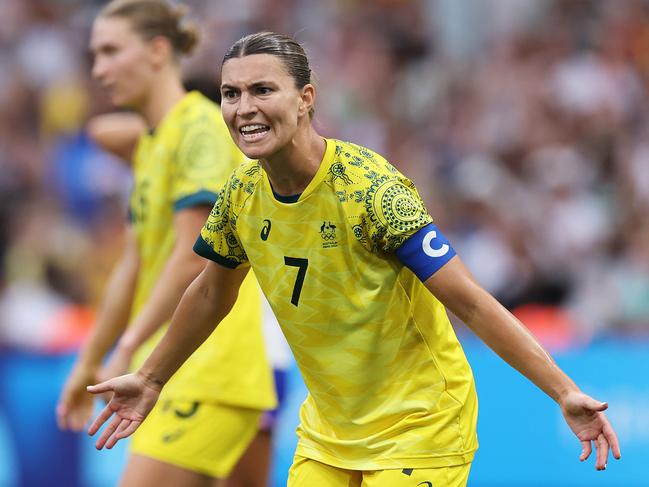 Matildas captain Steph Catley reacts during Australia’s clash with the USA. Picture: Getty Images