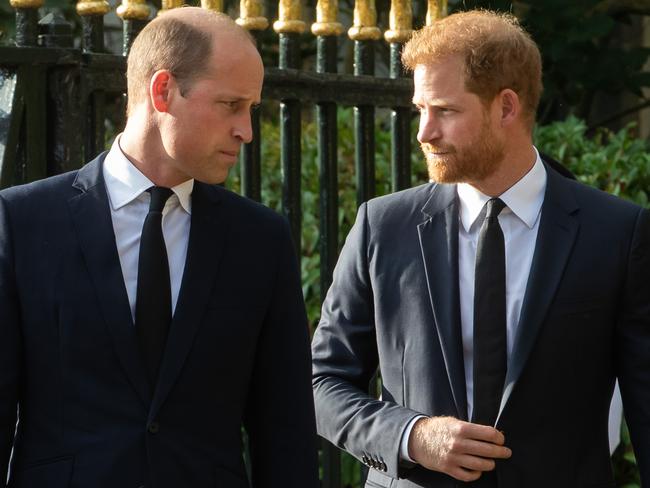 William and Harry put on a brief show of unity to view floral tributes to the late Queen in Windsor in the days after her death. Picture: Mark Kerrison/In Pictures via Getty Images)