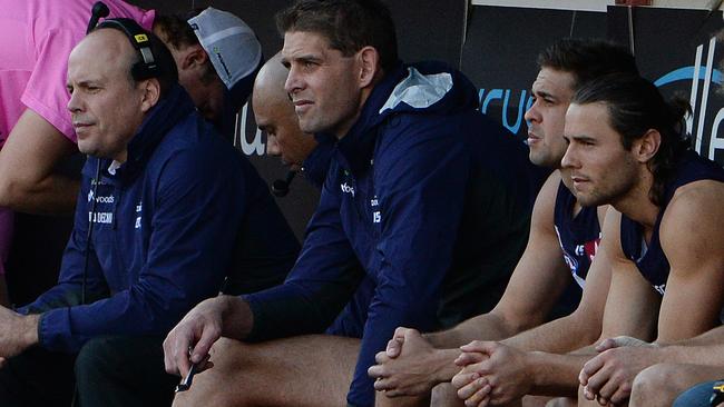 Aaron Sandilands sits on the bench after suffering another injury. Picture: Daniel Wilkins