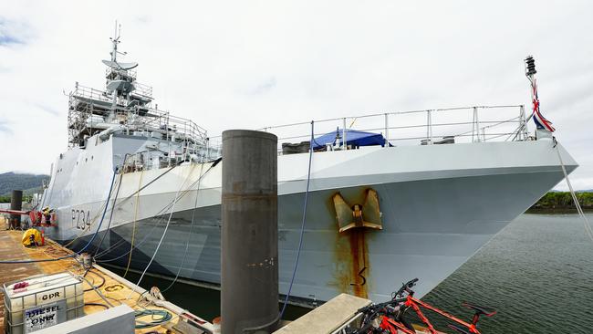 Royal Navy ship HMS Spey has docked at the Tropical Reef Shipyard for maintenance work, the first time a British warship has undergone maintenance at the Port of Cairns. Picture: Brendan Radke