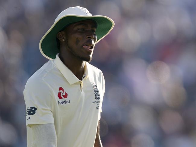 England's Jofra Archer walks from the pitch after being injured on the second day of the 3rd Ashes Test cricket match between England and Australia at Headingley cricket ground in Leeds, England, Friday, Aug. 23, 2019. (AP Photo/Jon Super)